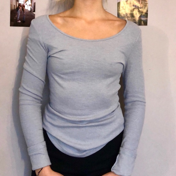 Scooped Neck Blue Grey Long Sleeve - Picture 1 of 3